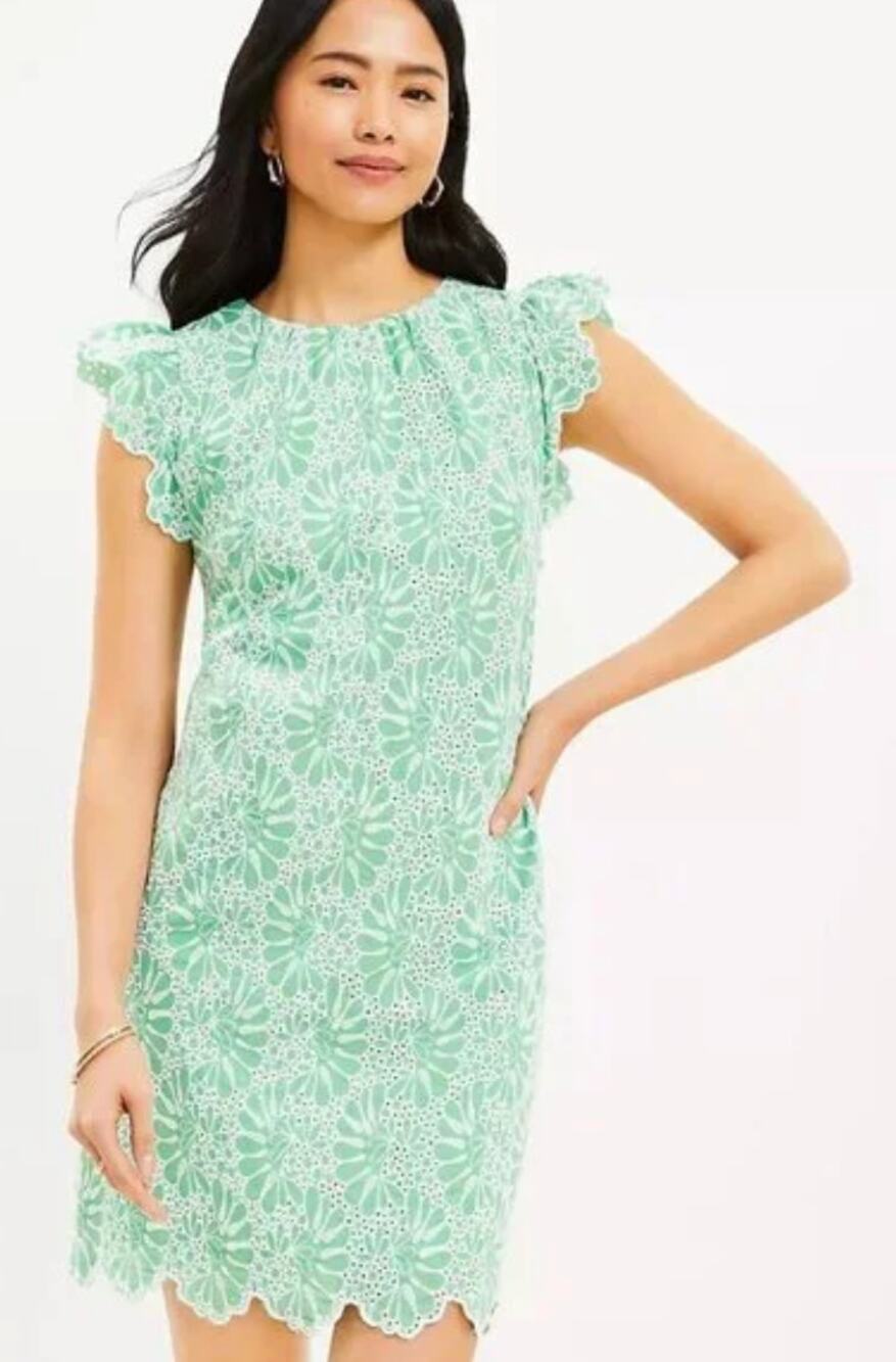 Loft Eyelet Shift Dress Short Flutter Sleeve Womens Size 6 Green White New